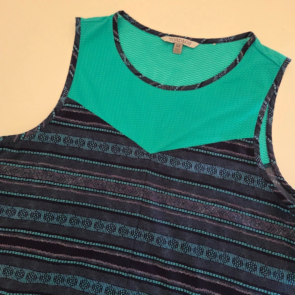 Toad&Co Dress Teal Navy‎ Striped Sleeveless Pocket Shift Travel Womens Medium